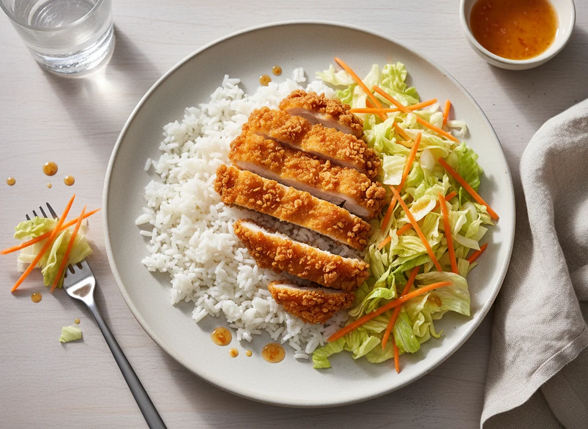 Knuspriges Hähnchen mit Reis und Salat photo