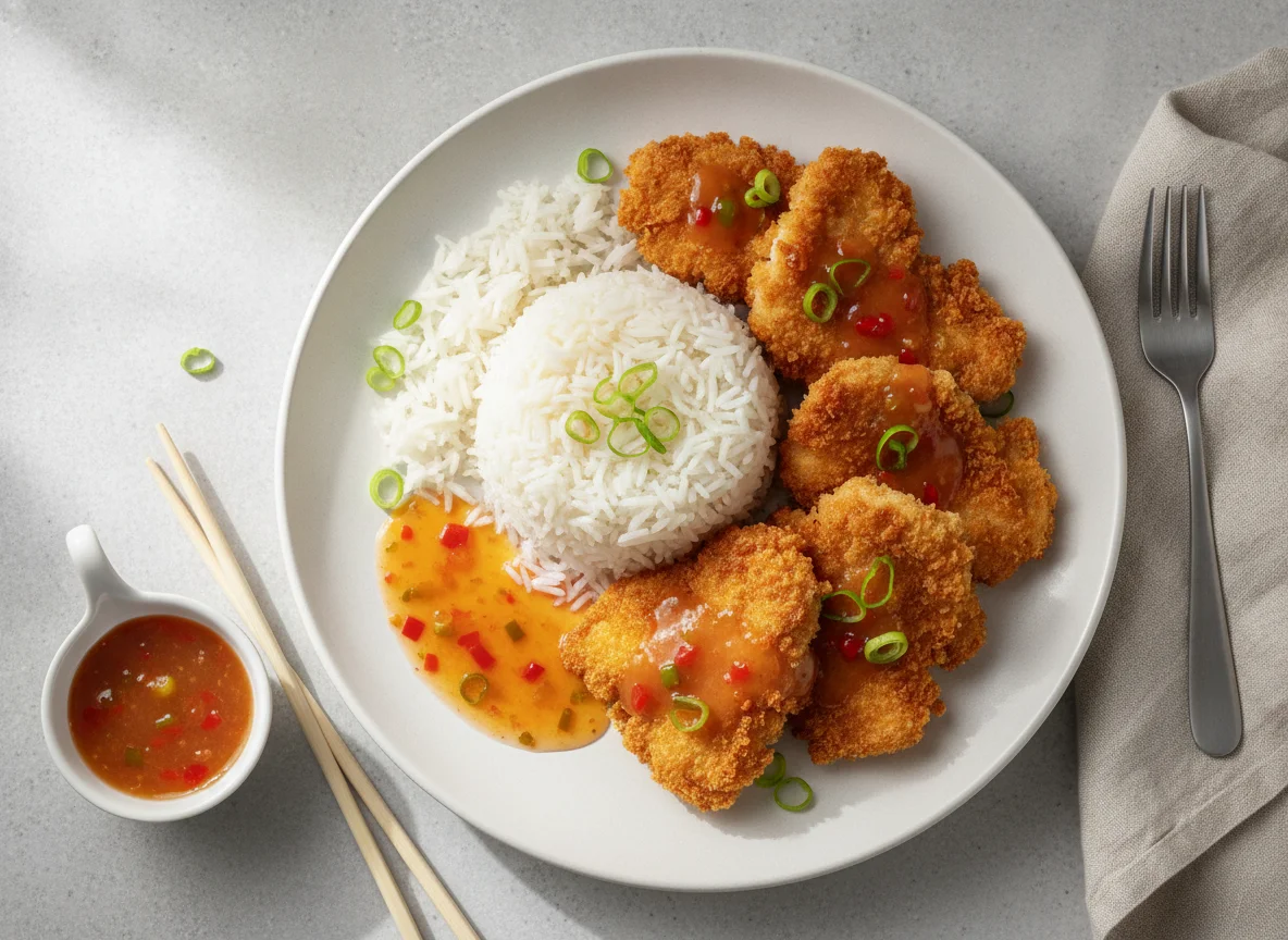 Knuspriges Hähnchen mit Reis und Süß-Sauer-Sauce photo