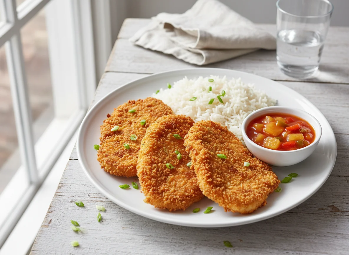 Knuspriges Hähnchen mit Reis und Süß-Sauer-Soße photo