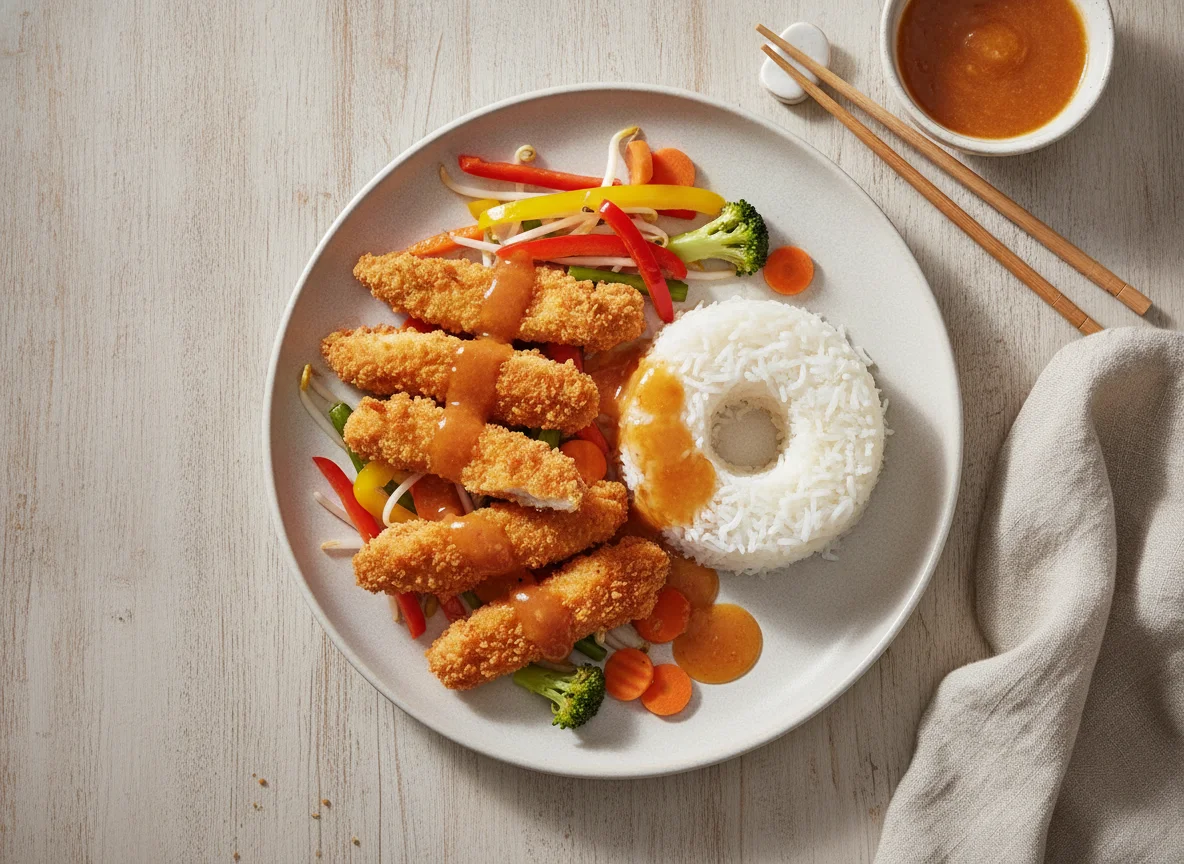 Knuspriges Hähnchen mit Reis und süß-saurer Sauce photo