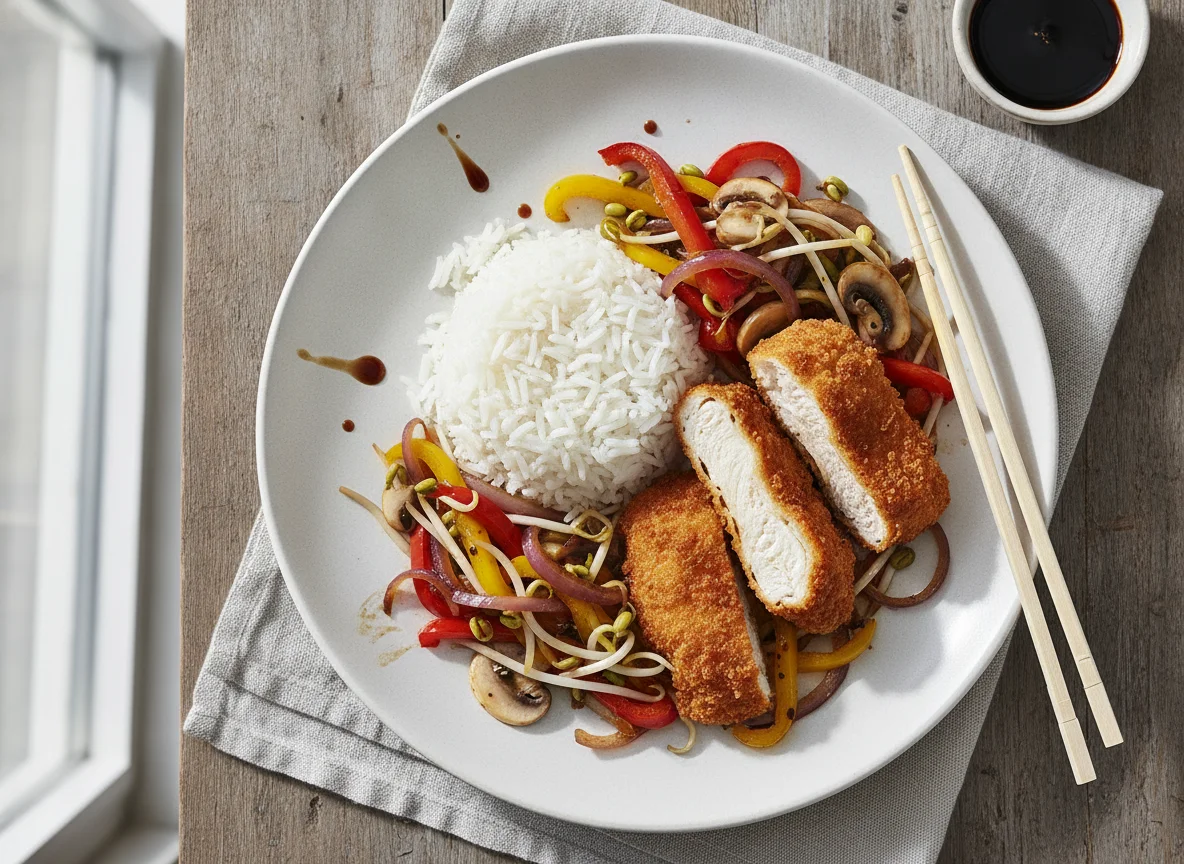 Knuspriges Hähnchen mit Reis und Wok-Gemüse photo