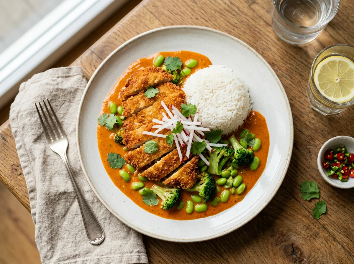 Knuspriges Hähnchen mit rotem Curry und Reis photo