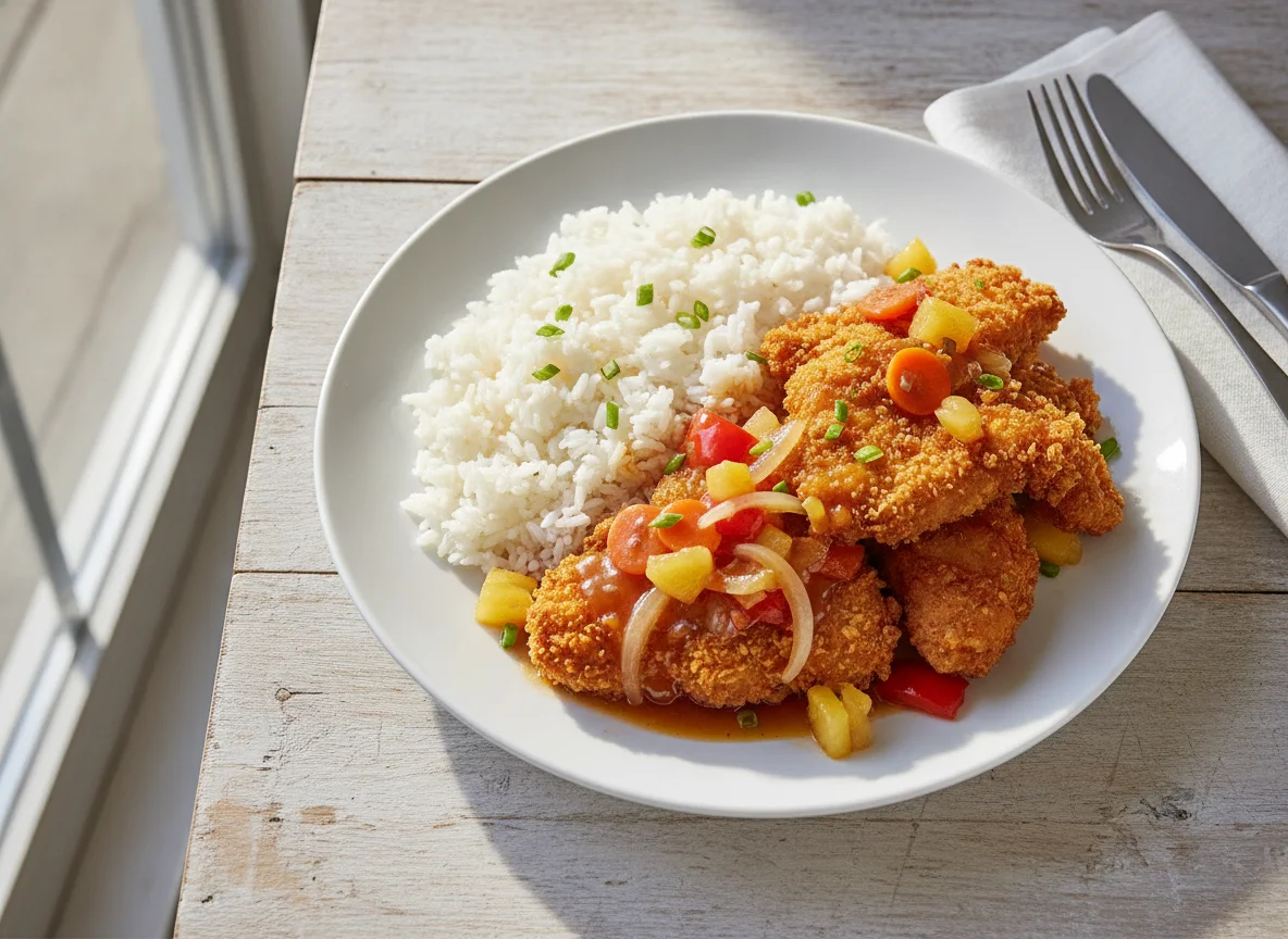 Knuspriges Hähnchen Süß-Sauer mit Reis photo