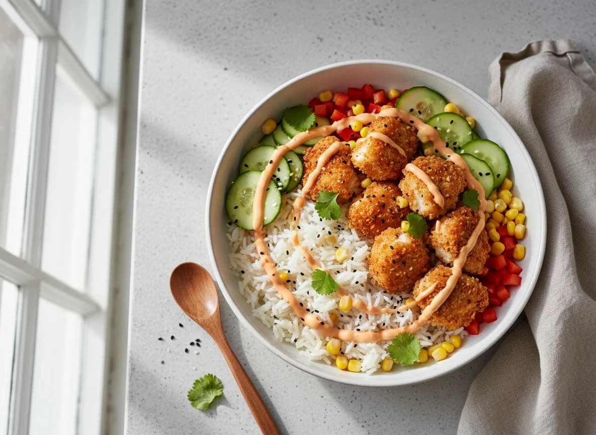 Knuspriges Hähnchen-Bowl mit Sauce photo