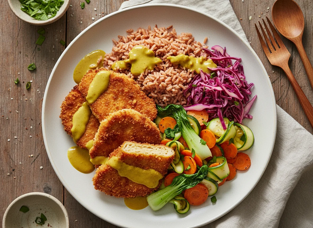 Knuspriges Seitan mit Reis und Gemüse photo