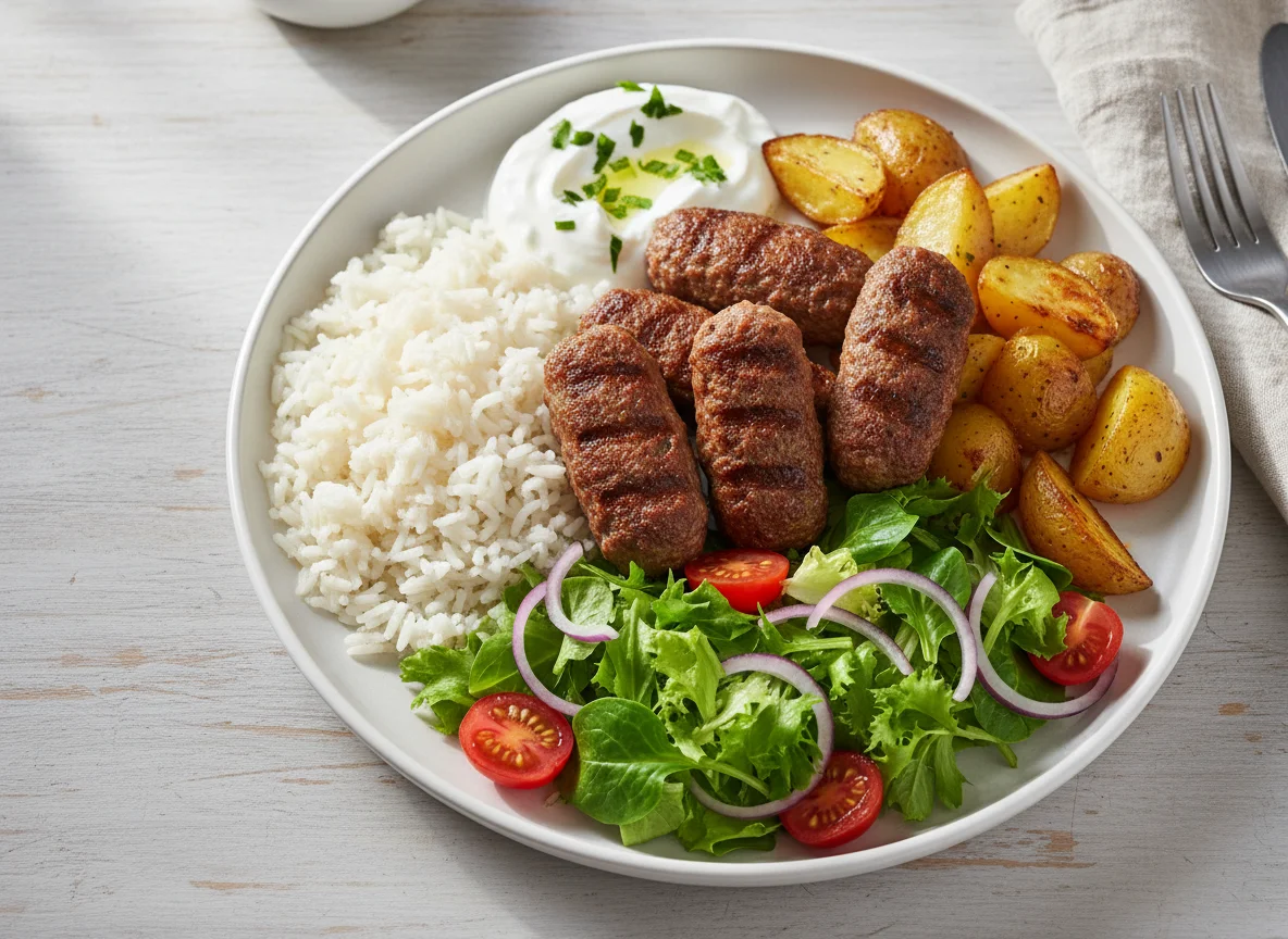 Kofta mit Reis, Kartoffeln, Salat und Joghurt photo
