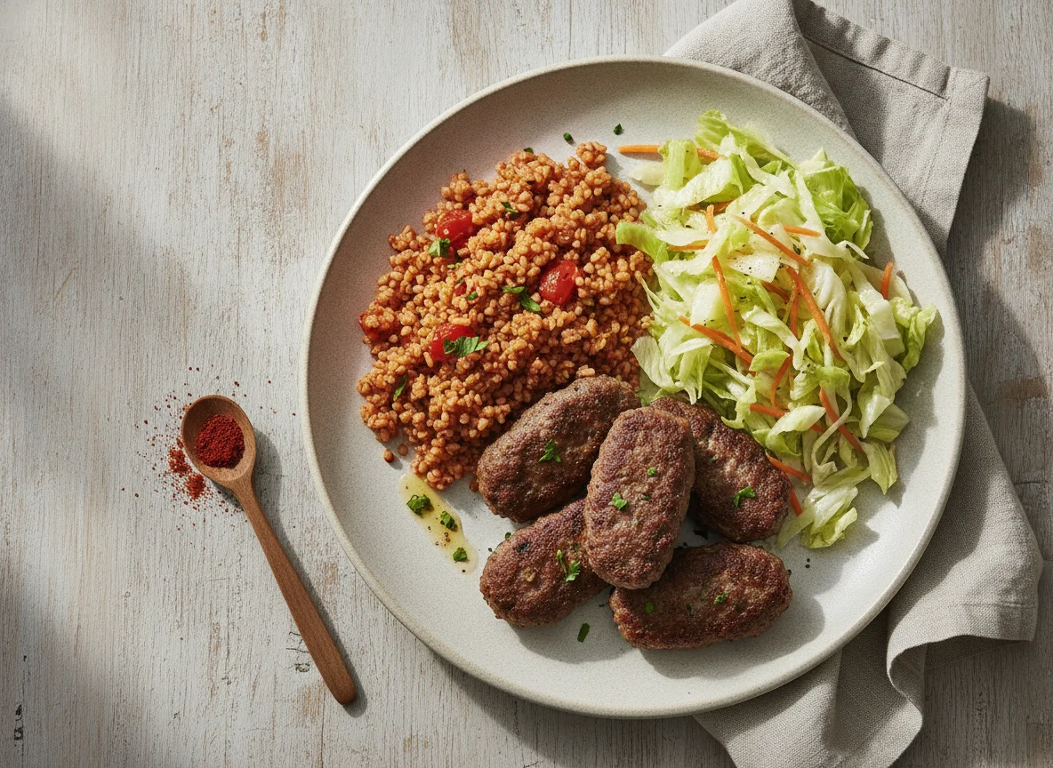 Köfte mit Bulgur und Salat photo