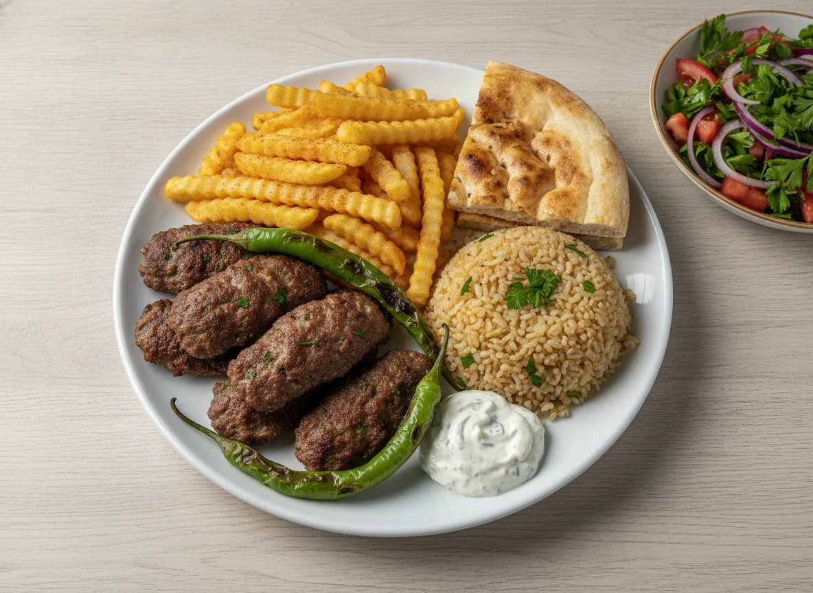Köfte Teller mit Pommes und Bulgur photo