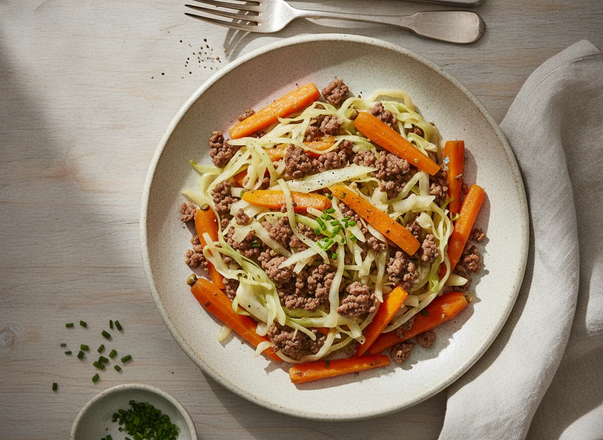 Kohl-Hackfleisch-Pfanne mit Karotten photo