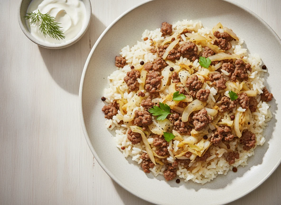 Kohl-Hackfleisch-Pfanne mit Reis photo
