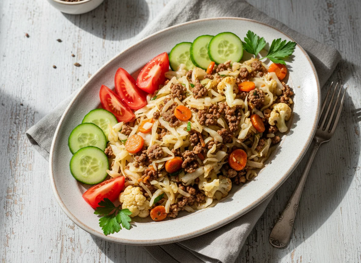 Kohlpfanne mit Hackfleisch und Beilagen photo