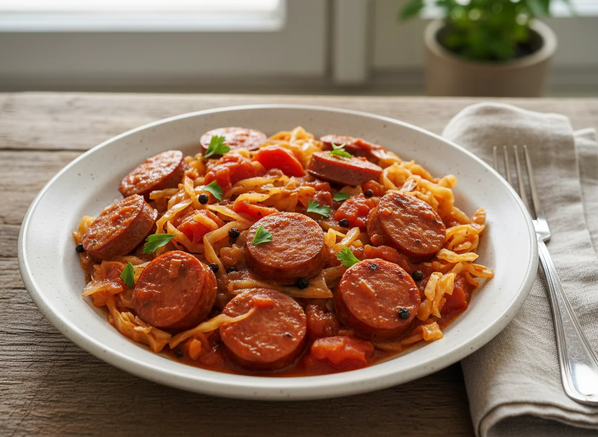 Kohlpfanne mit Wurst und Tomatensauce photo