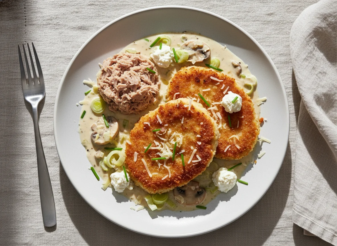 Kohlrabi-Schnitzel mit Lauch-Kokosmilch-Soße und Thunfisch photo