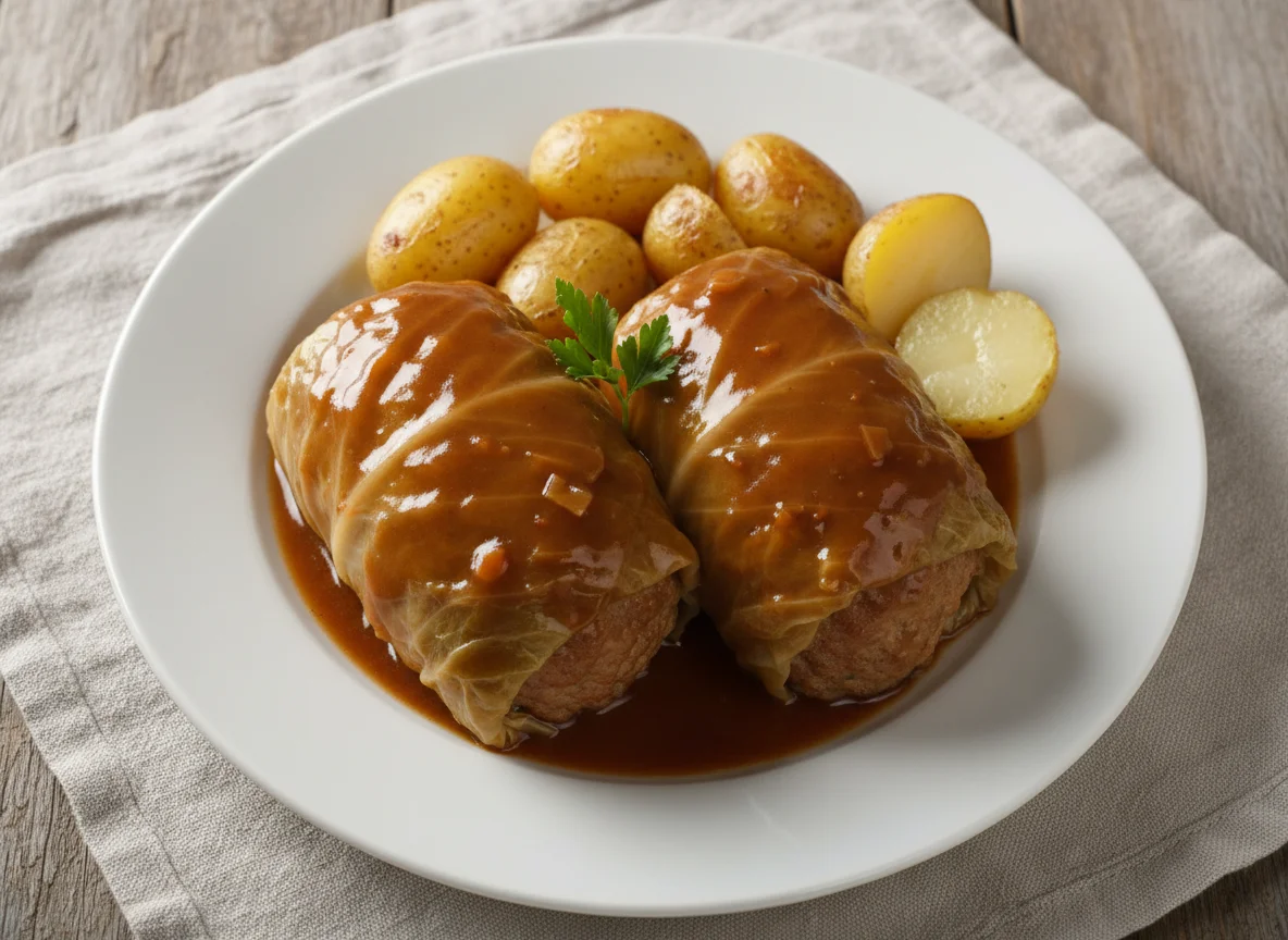 Kohlroulade mit Kartoffeln und Bratensoße photo