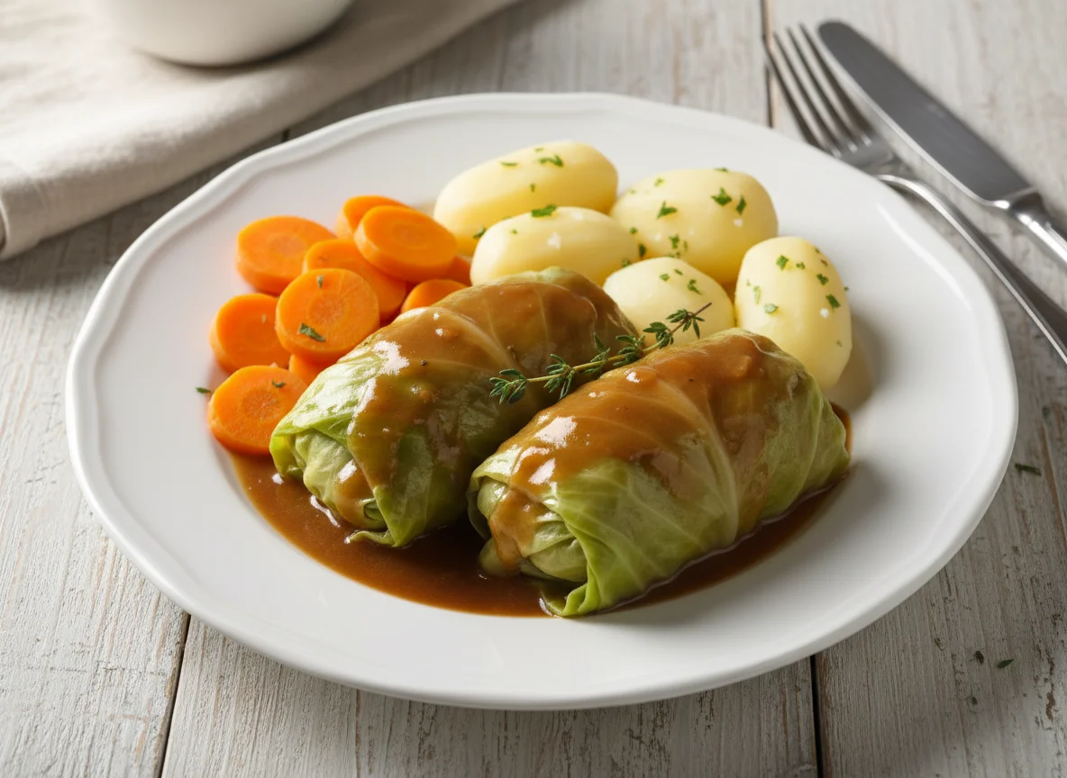 Kohlroulade mit Kartoffeln und Karotten photo