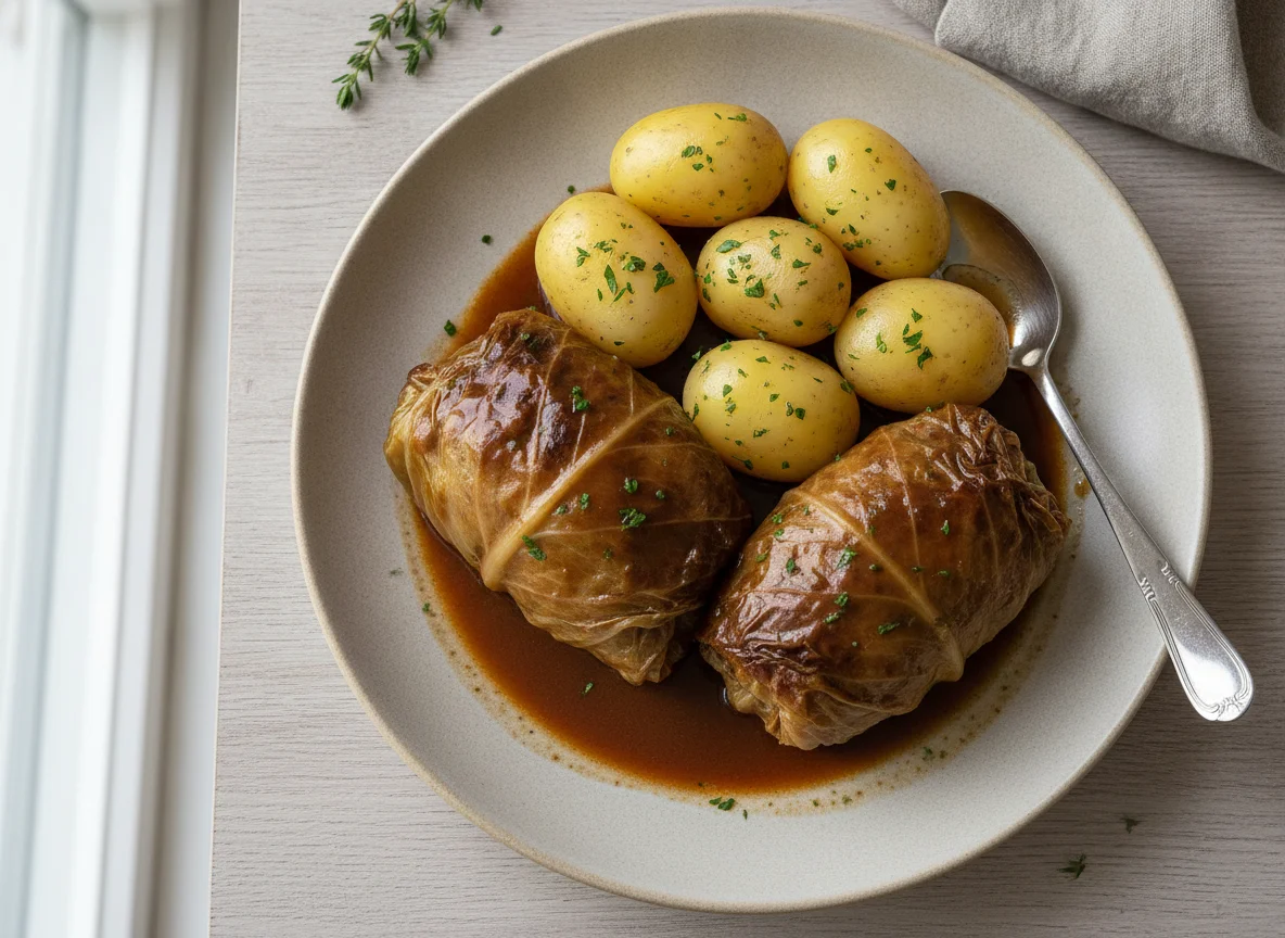Kohlroulade mit Salzkartoffeln und Bratensauce photo