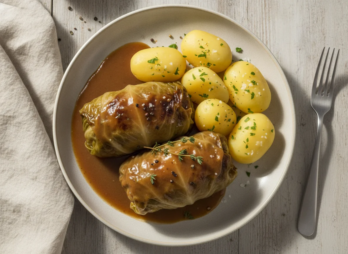 Kohlroulade mit Salzkartoffeln und brauner Soße photo
