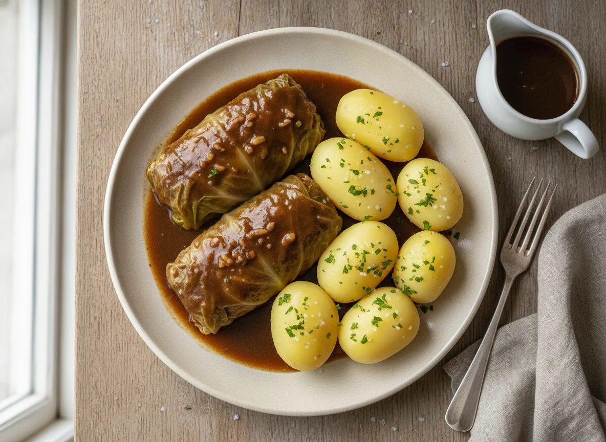 Kohlroulade mit Salzkartoffeln und dunkler Soße photo
