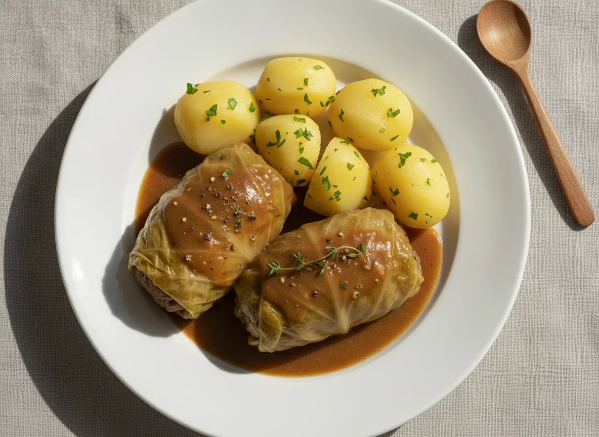 Kohlroulade mit Salzkartoffeln und Sauce photo