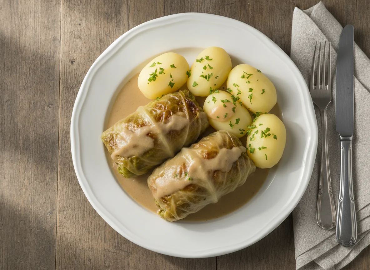 Kohlroulade mit Salzkartoffeln und Soße photo