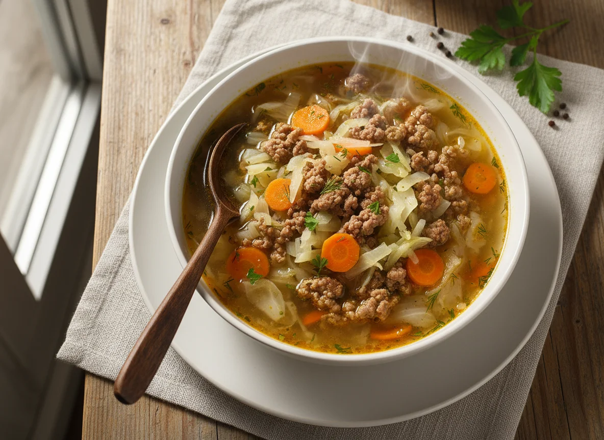 Kohlsuppe mit Hackfleisch und Karotten photo