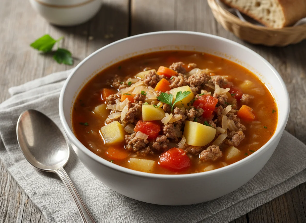 Kohlsuppe mit Hackfleisch und Kartoffeln photo
