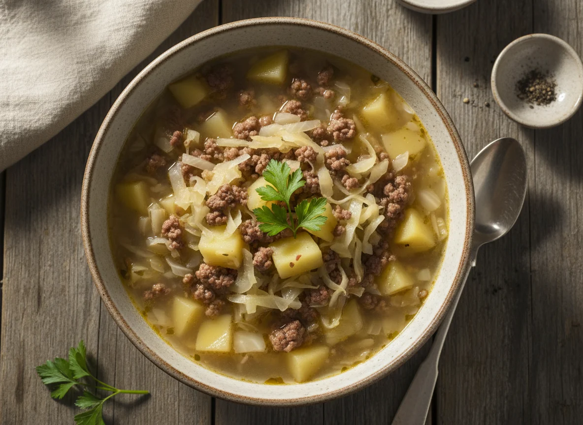 Kohlsuppe mit Kartoffeln und Hackfleisch photo