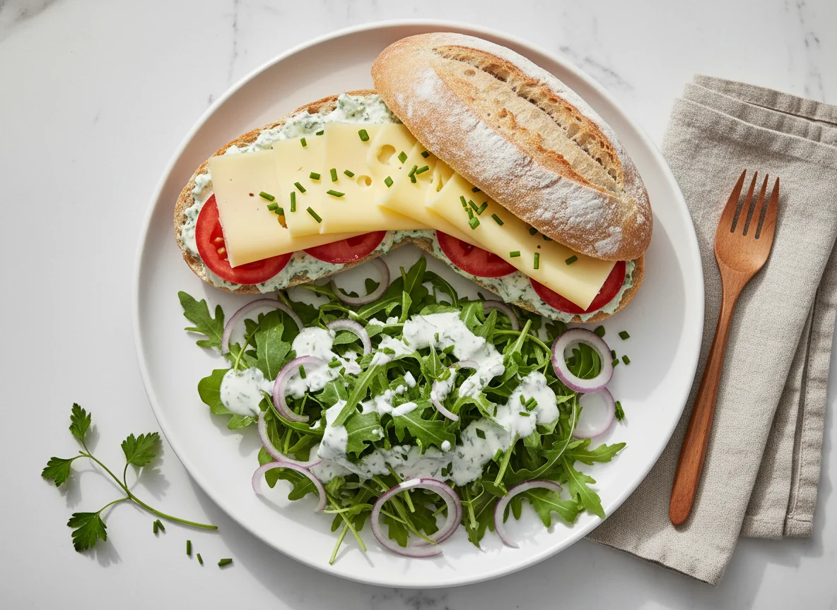 Königer Wecken mit Käse und Tomate, dazu Rucola-Salat mit Kräuterquark-Dressing photo