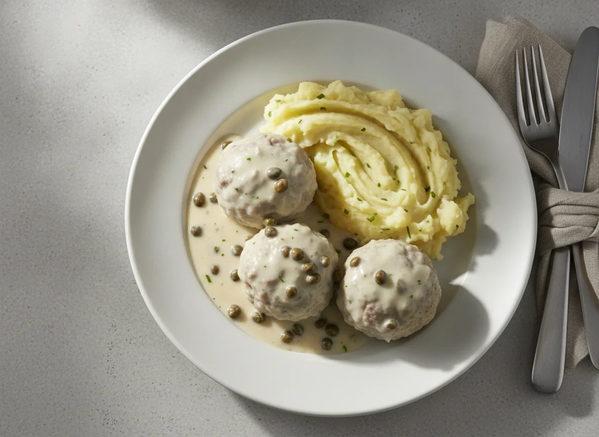 Königsberger Klopfe mit Kartoffelstampf photo