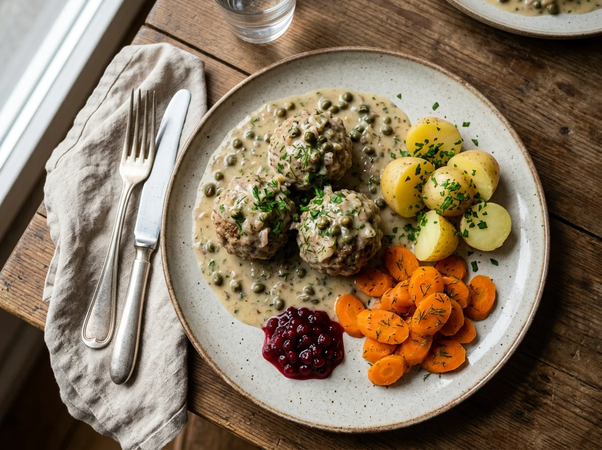 Königsberger Klopse mit Kartoffeln, Karotten und Preiselbeeren photo