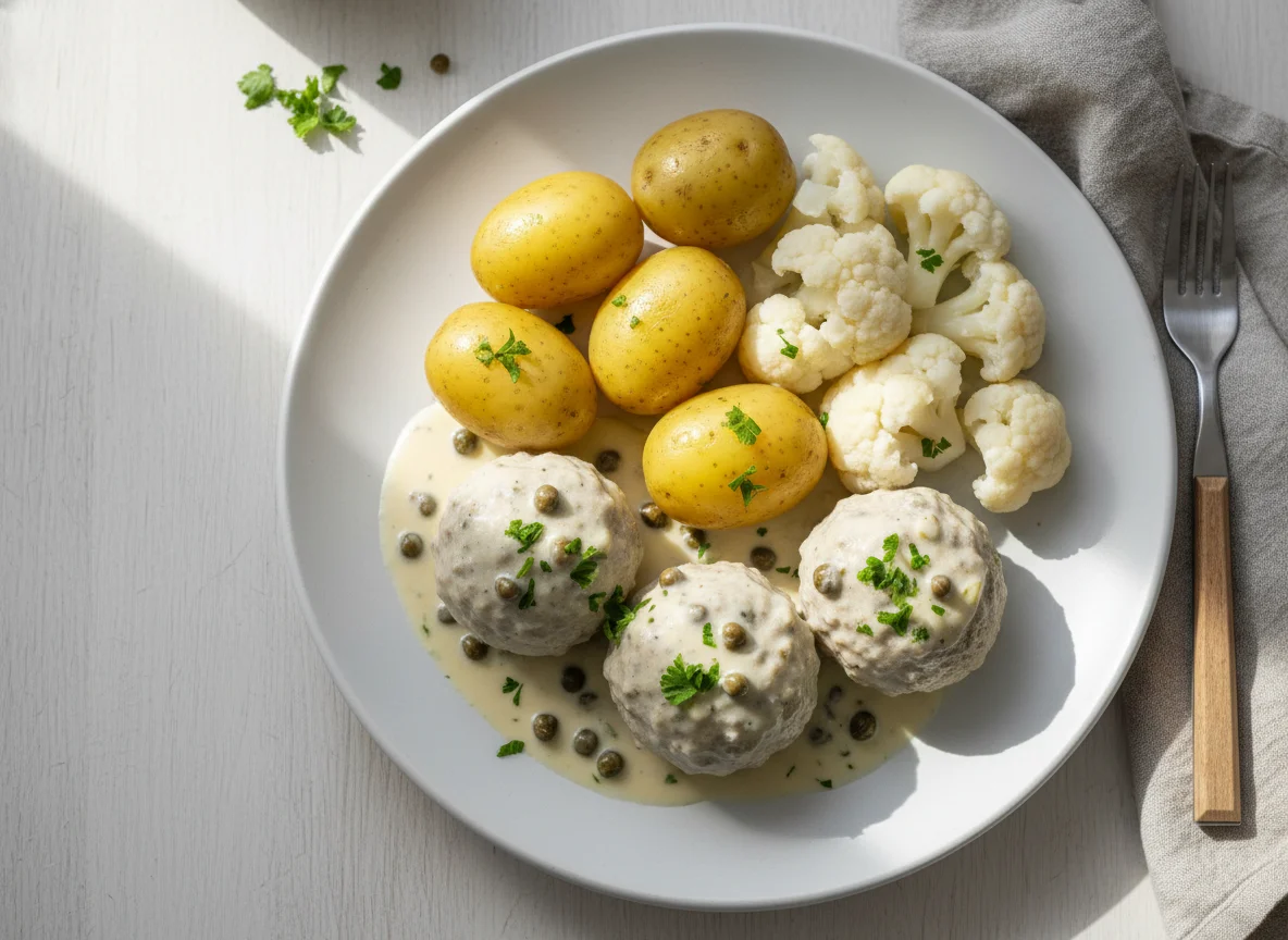 Königsberger Klopse mit Kartoffeln und Blumenkohl photo