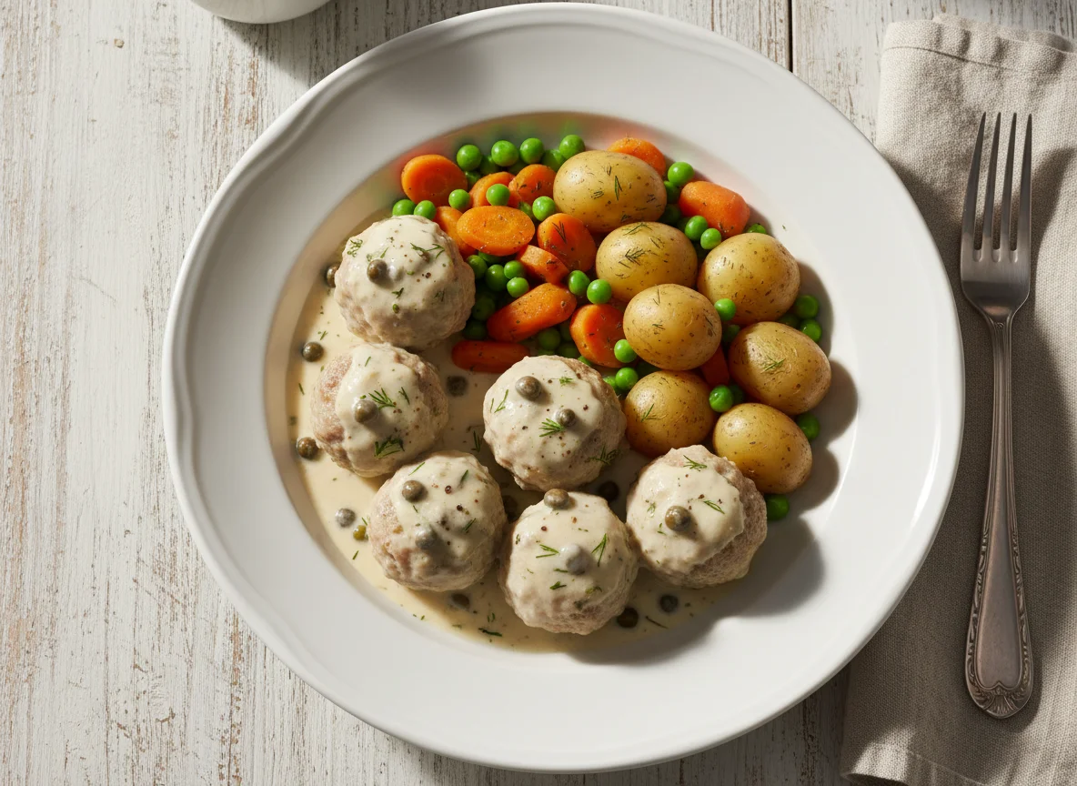Königsberger Klopse mit Kartoffeln und Gemüse photo
