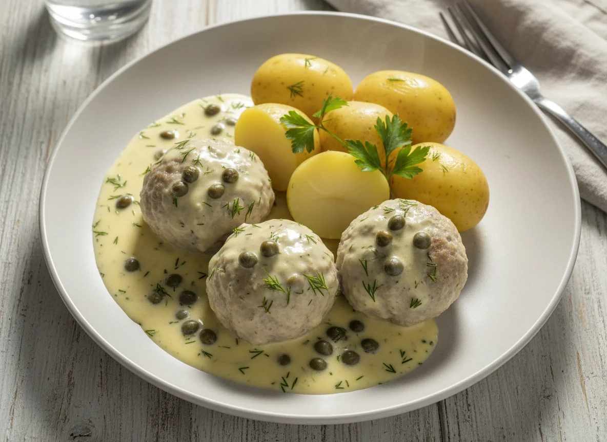 Königsberger Klopse mit Kartoffeln und Kapernsoße photo