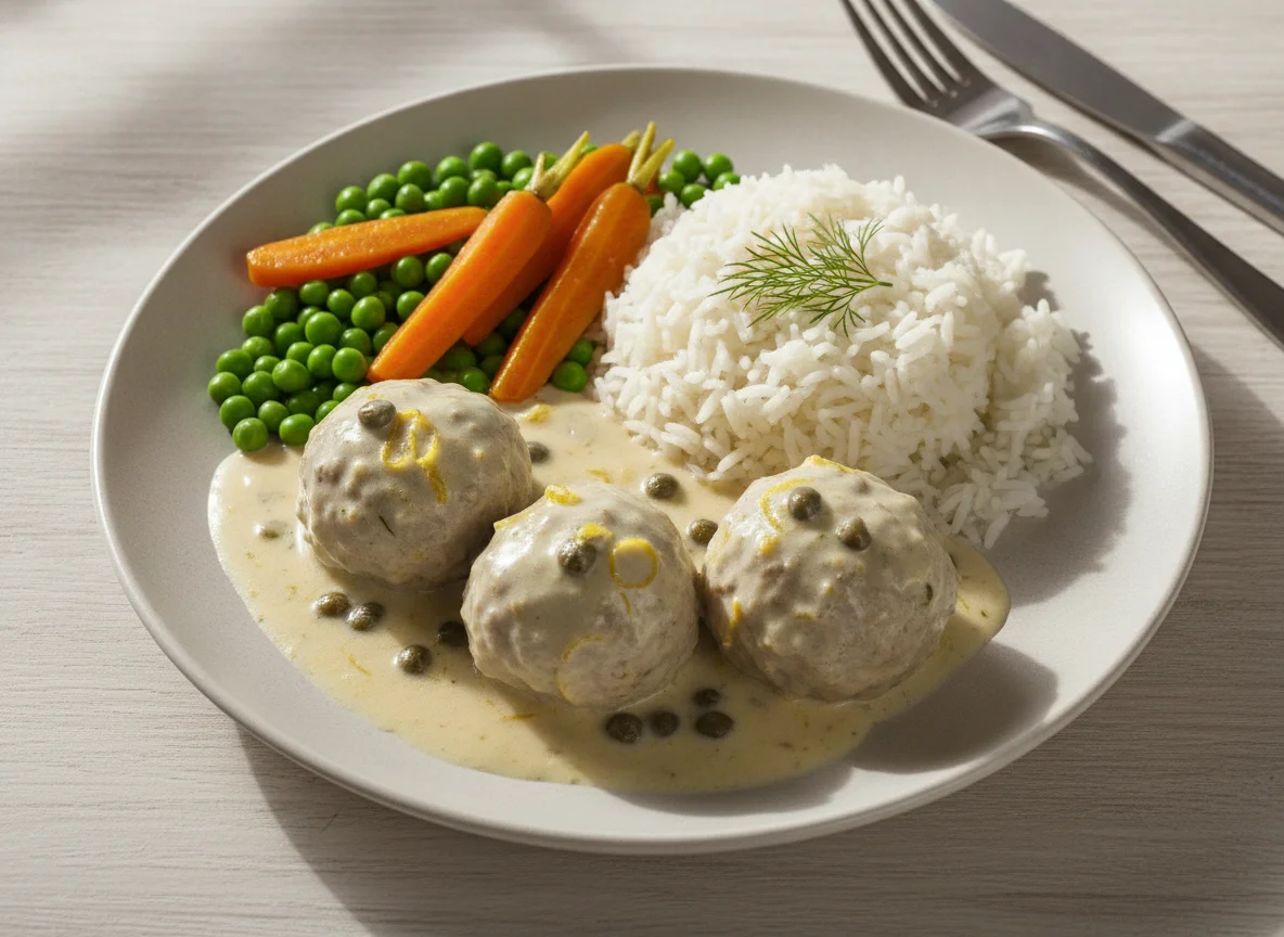 Königsberger Klopse mit Reis, Erbsen und Möhren photo