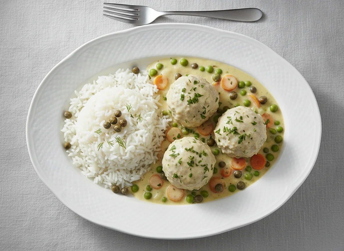 Königsberger Klopse mit Reis und Kapernsauce photo