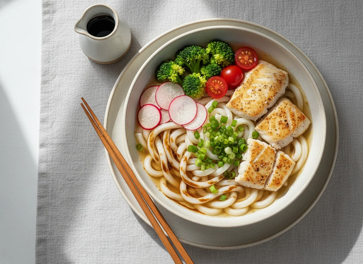 Korean Udon Bowl mit Fischfilet, Brokkoli und Radieschen photo