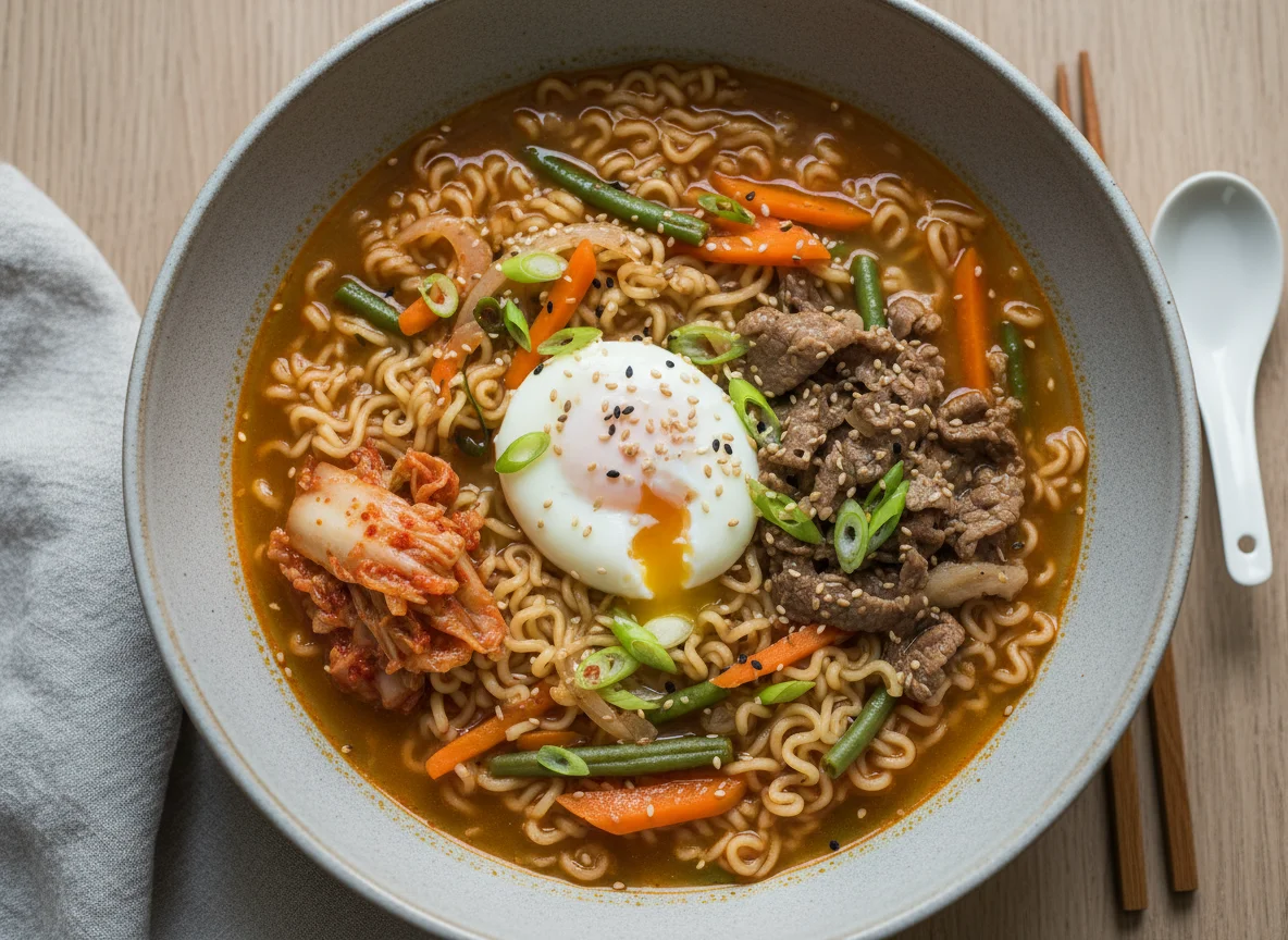 Koreanische Rindfleisch-Nudelsuppe mit Ei photo