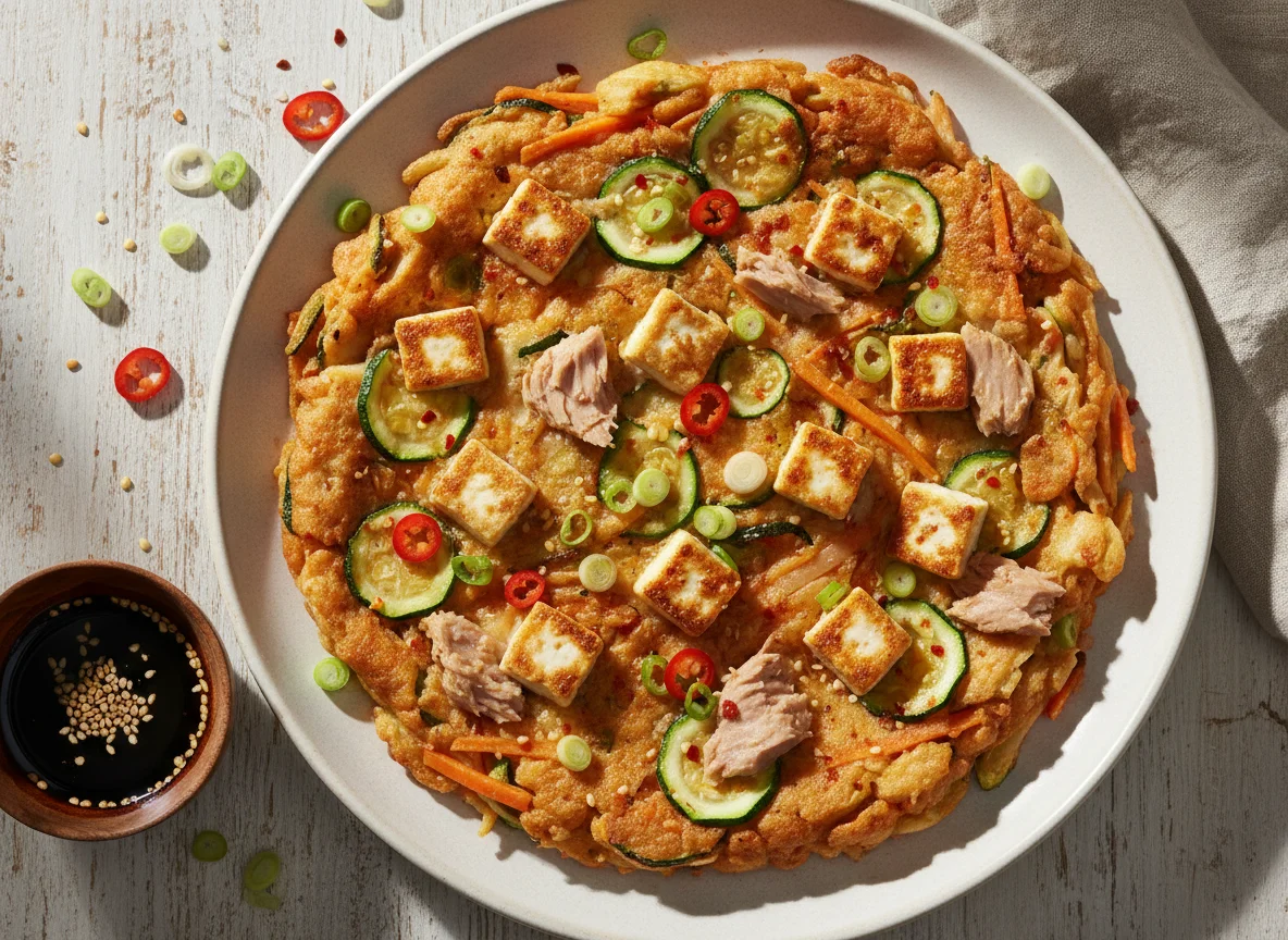 Koreanischer Pfannkuchen mit Thunfisch und Gemüse photo