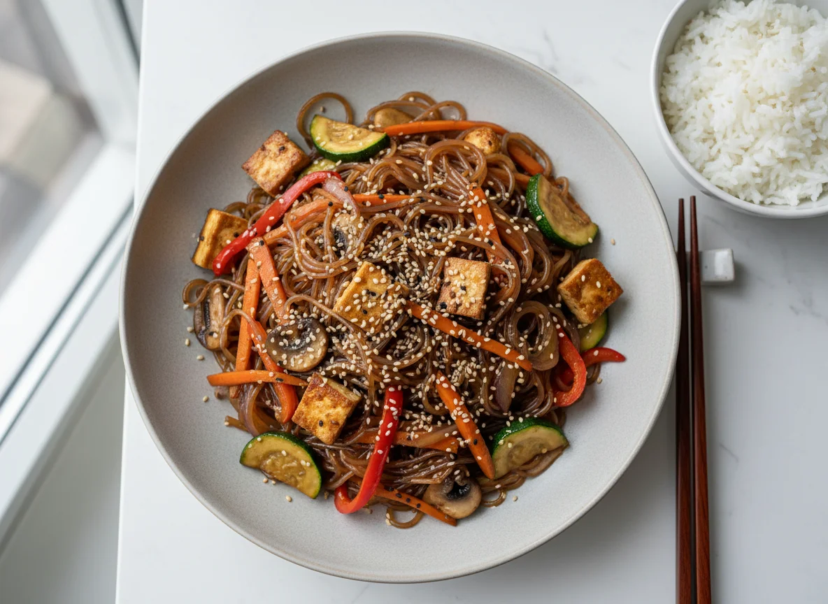 Koreanisches Glasnudelgericht mit Tofu und Gemüse photo