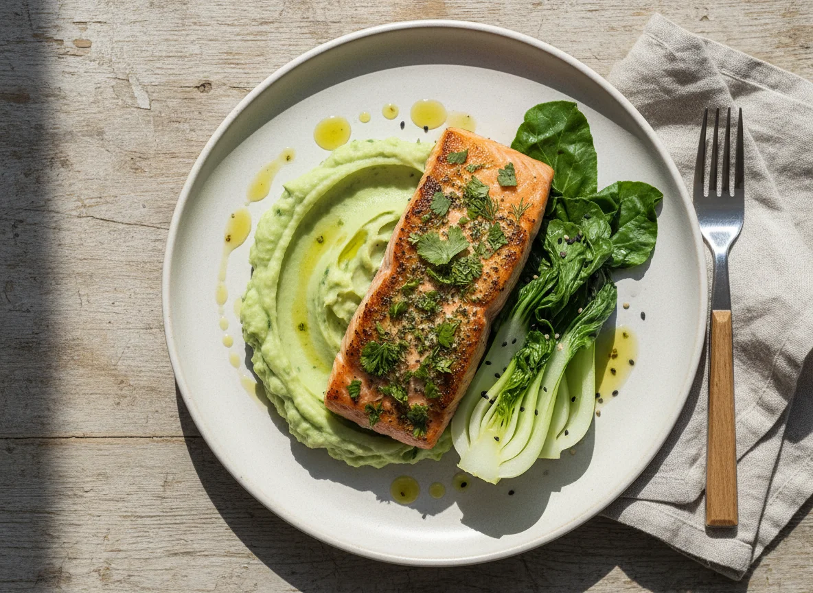 Koriander-Lachs mit Pak Choi auf Wasabipüree photo
