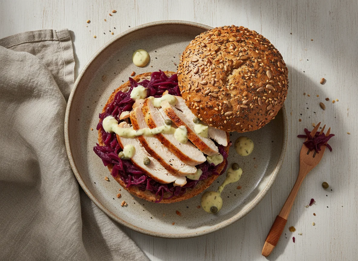 Körnerbrötchen Hähnchen mit Rotkraut photo