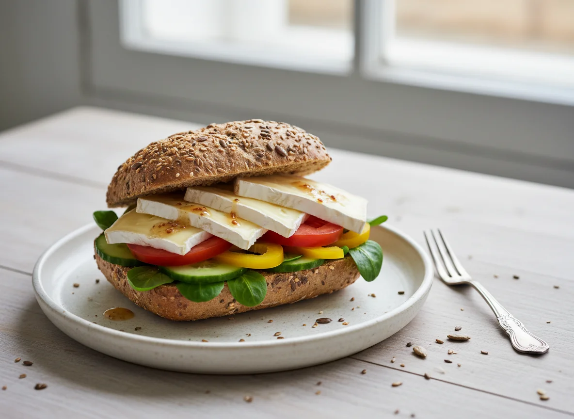 Körnerbrötchen mit Brie und Gemüse photo