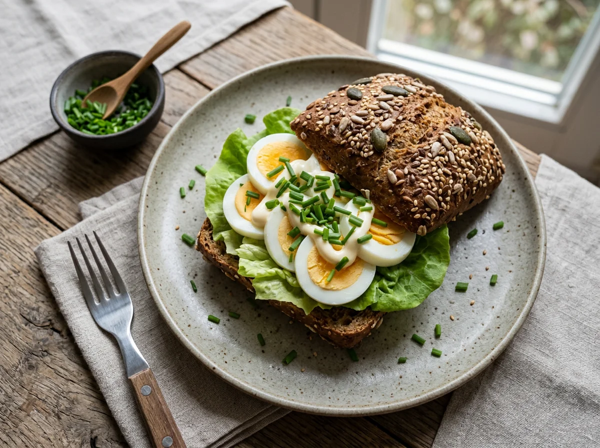Körnerbrötchen mit Ei und Schnittlauch photo