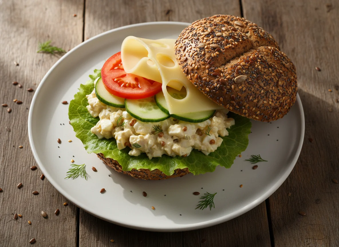 Körnerbrötchen mit Eiersalat und Gemüse photo