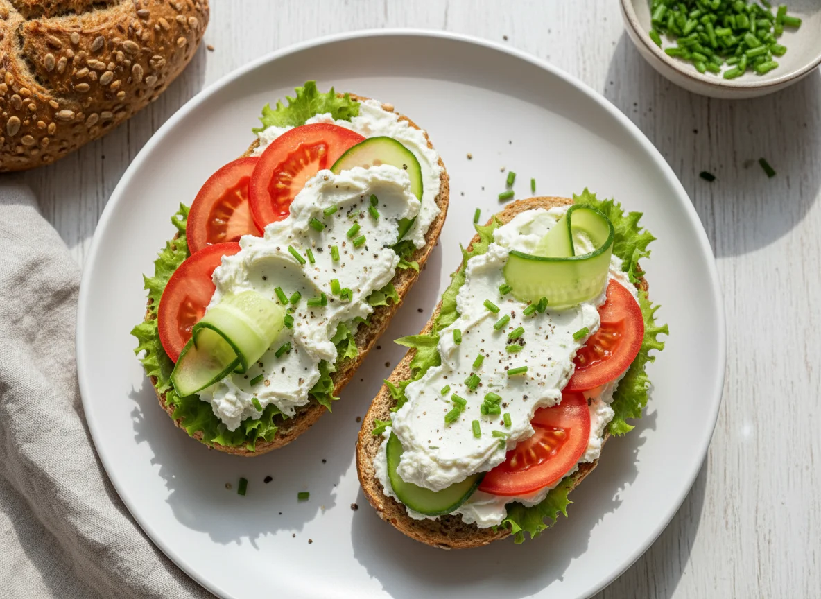Körnerbrötchen mit Frischkäse und Gemüse photo