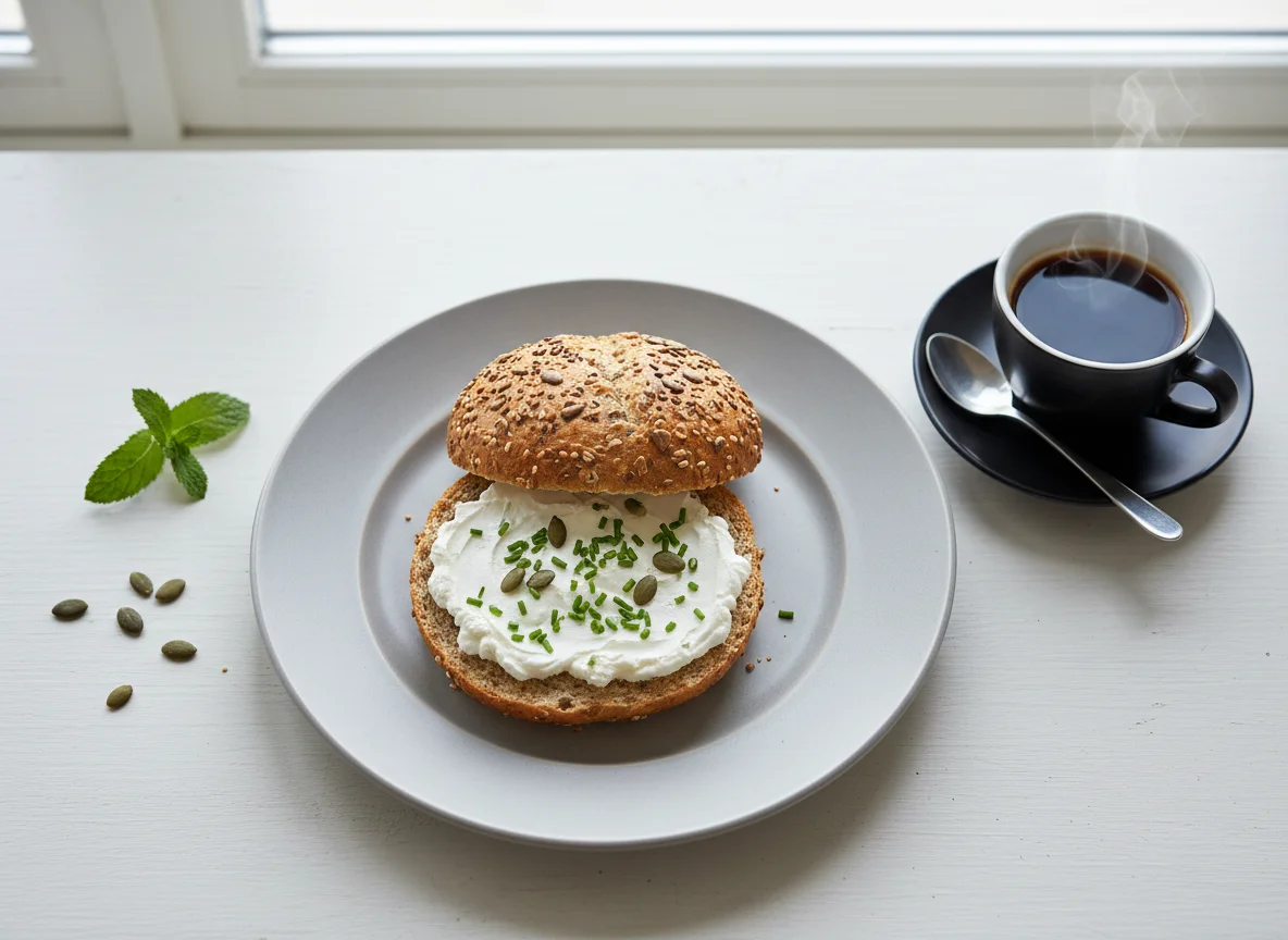 Körnerbrötchen mit Frischkäse und Kaffee photo