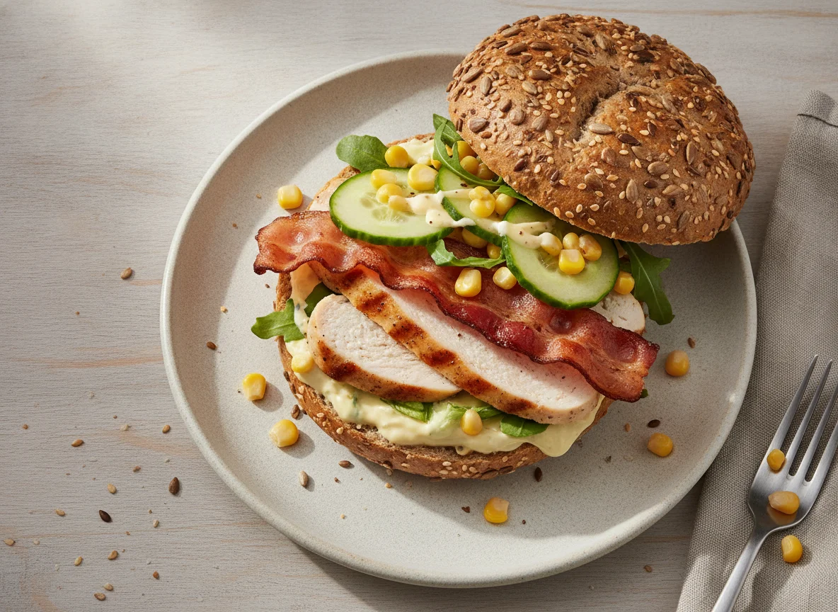 Körnerbrötchen mit Hähnchen, Speck und Gemüse photo