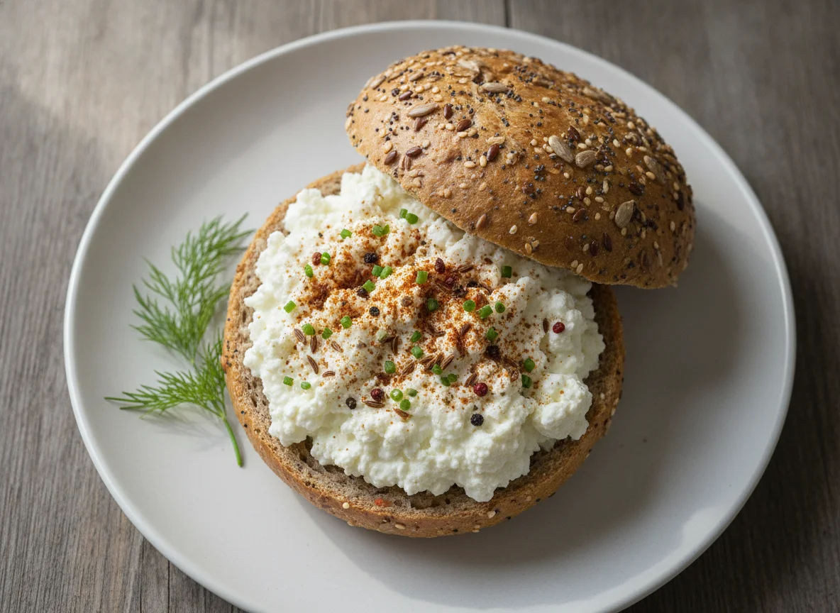 Körnerbrötchen mit Hüttenkäse photo