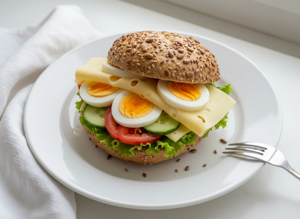 Körnerbrötchen mit Käse und Ei photo