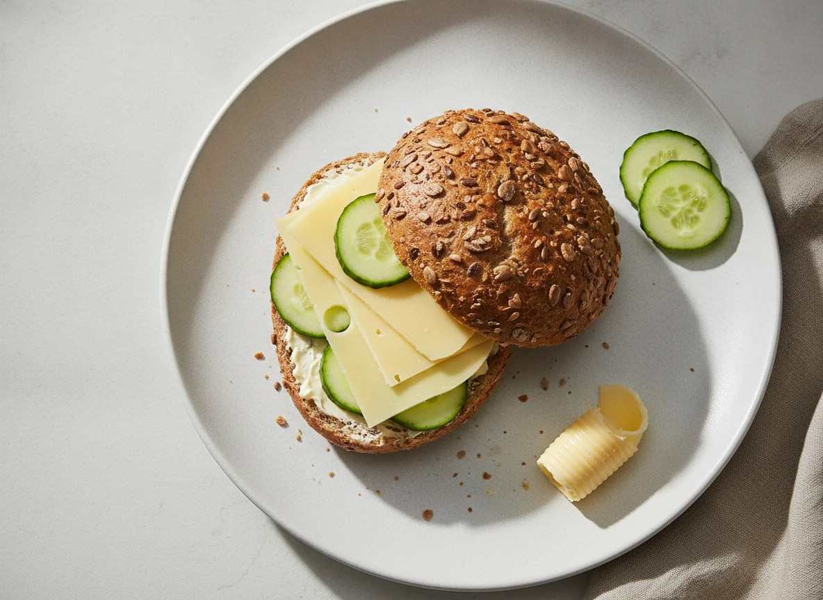 Körnerbrötchen mit Käse und Gurke photo